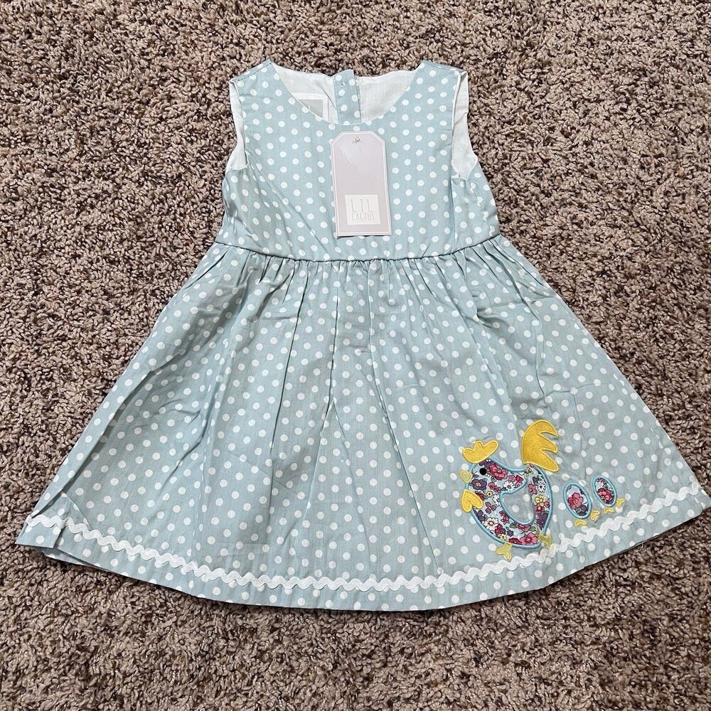 Lil Cactus Blue Polkadot Dress With Rooster Size 12-18 Months NWT